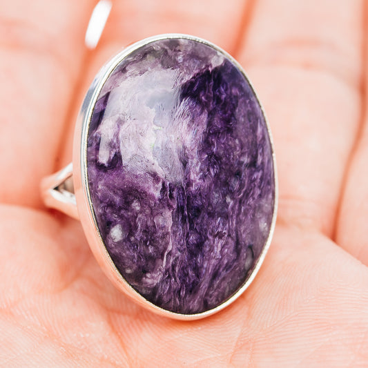 Size 9 sterling silver charoite ring, oval purple cabochon set in smooth bezel
