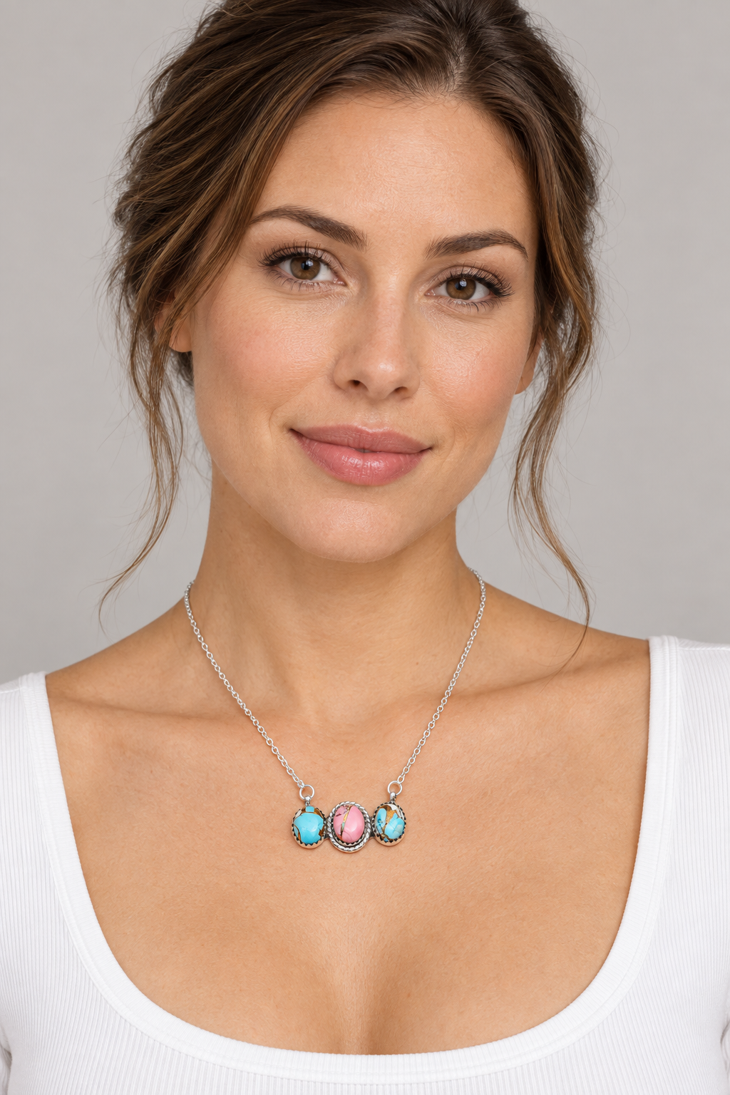 Southwestern Style Cotton Candy Turquoise Necklace 17 to 19" (.925 Sterling Silver)