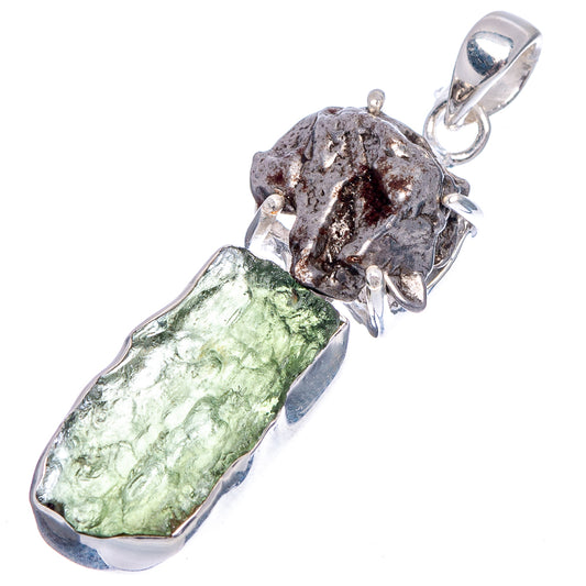 Sterling silver pendant with rough dark meteorite top and translucent green stone