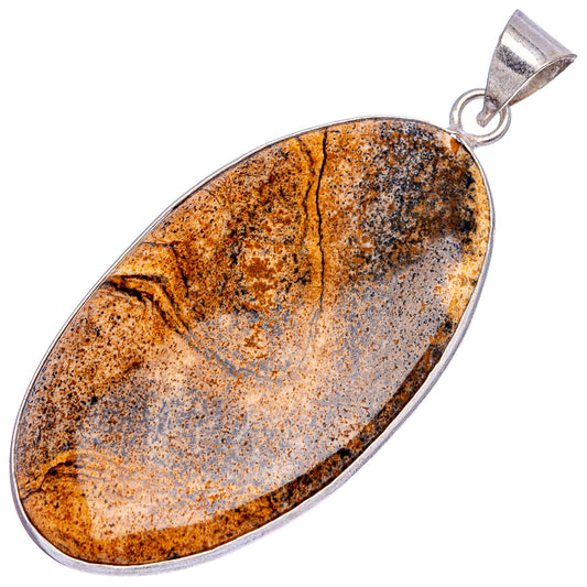 Oval picture jasper pendant with silver-plated bail, speckled orange, brown, and gray stone.