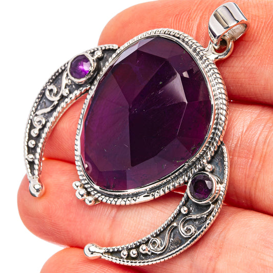 Amethyst pendant, .925 sterling silver, large oval purple gemstone with two small stones