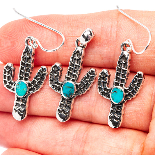 Turquoise cactus drop earrings with dark silver scalloped texture, .925 hooks
