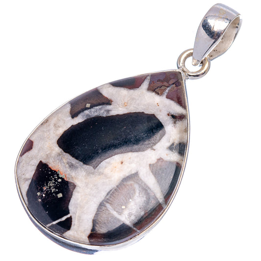 Teardrop septarian pendant in .925 sterling silver with black and white stone, bail loop top