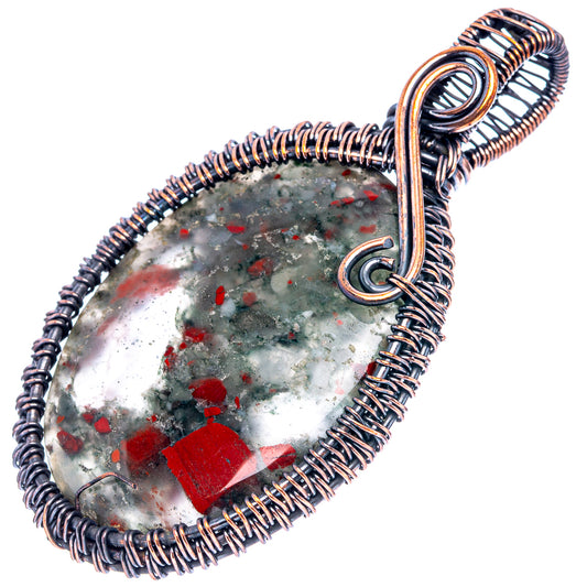 Oxidized copper wire wrap bloodstone pendant, teardrop cabochon with round loop bail