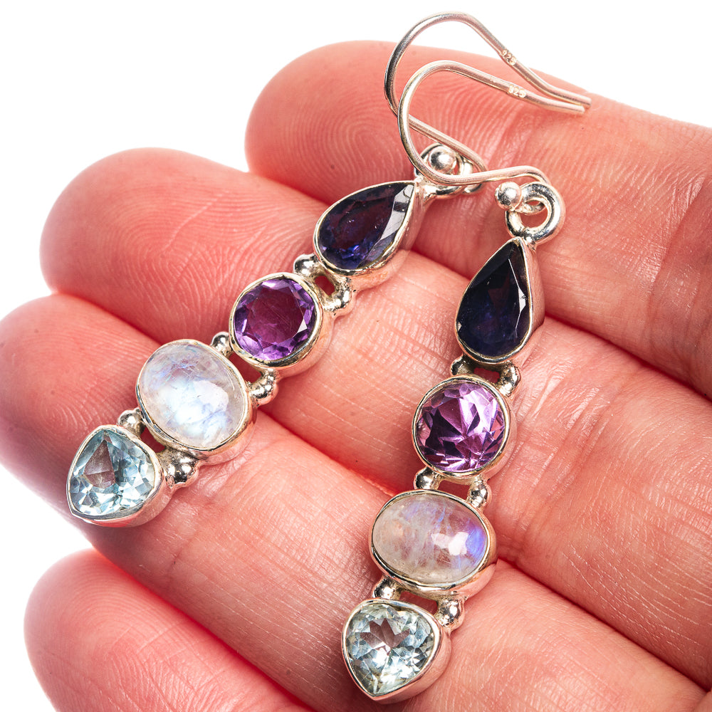 Rainbow Moonstone, Tanzanite, Amethyst, Blue Topaz Earrings 2" (925 Sterling Silver) E433002