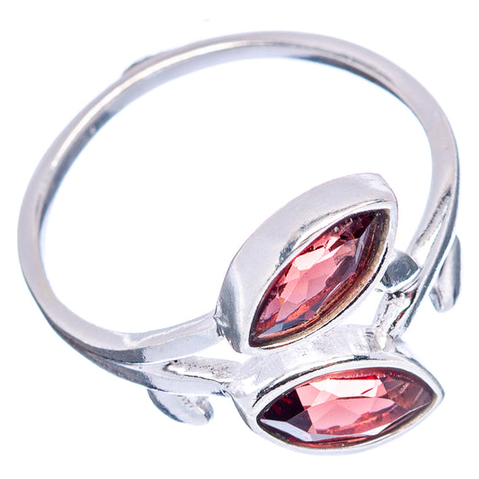 Sterling silver leaf ring with two marquise-like oval garnet-red stones, side view