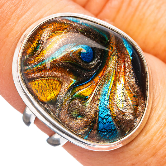 Dichroic glass ring, size 7.75, .925 sterling silver, teal and amber oval top