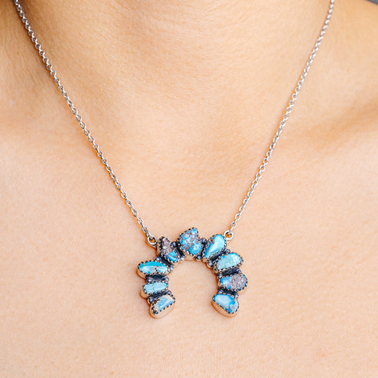 Blue turquoise floral pendant necklace with .925 sterling silver chain