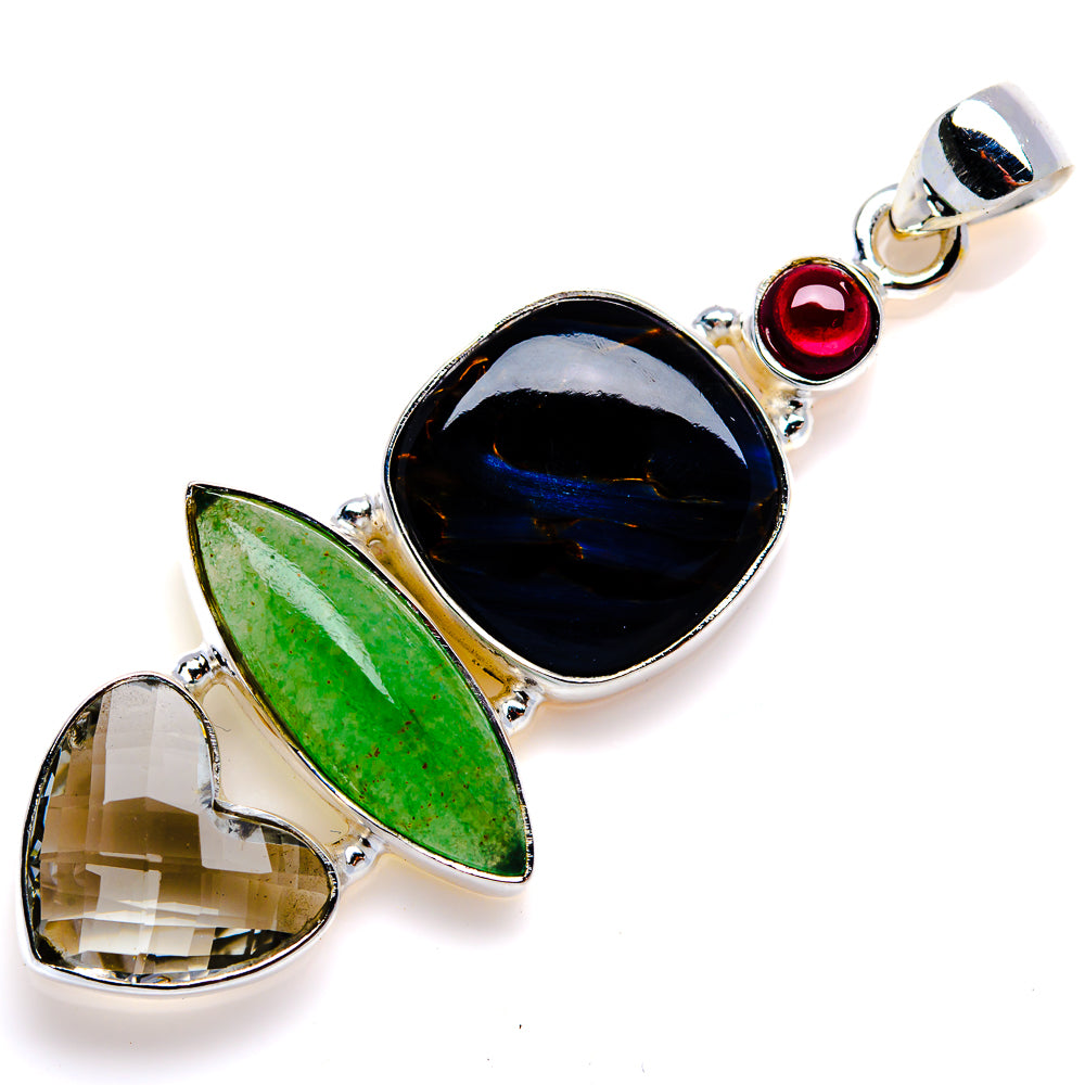 Pietersite, Prehnite, Green Amethyst, Garnet Pendant 2 1/4" (925 Sterling Silver) PD38071