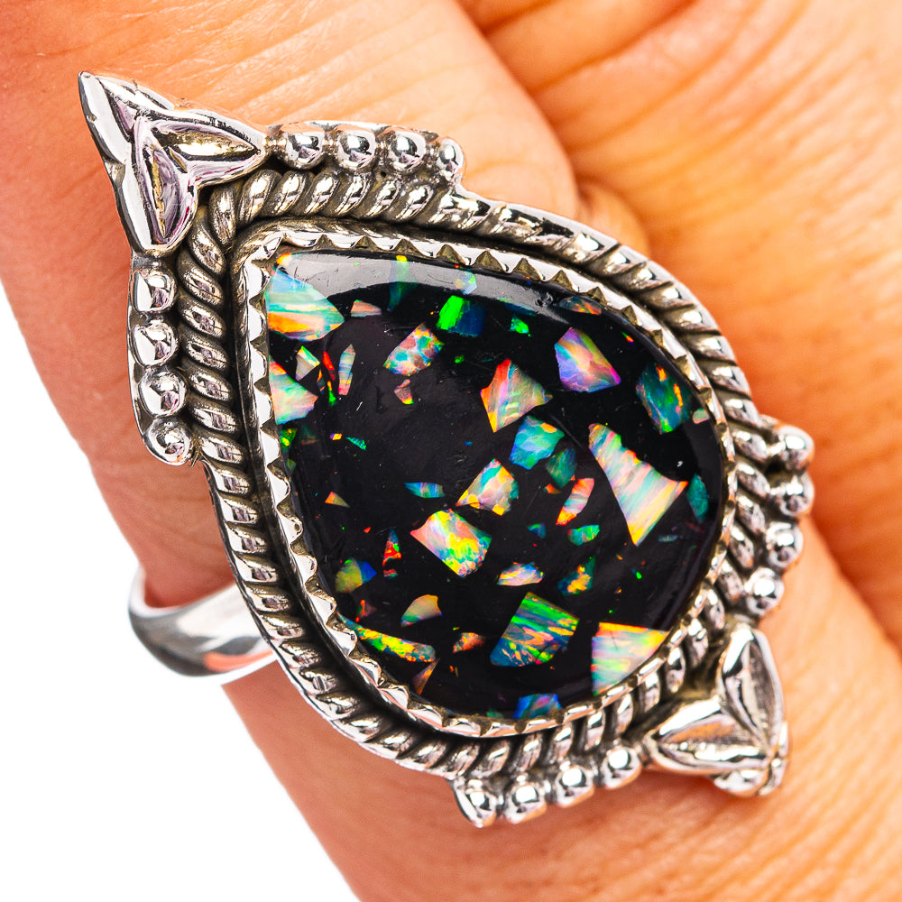 Southwestern Style Mosaic Opal Ring Size 9 Adjustable (.925 Sterling Silver)