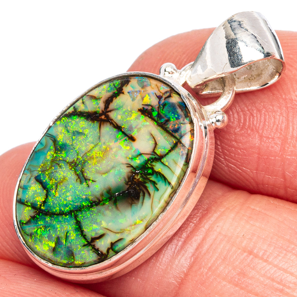 Sterling silver opal pendant with oval green-blue multicolor stone, bezel set