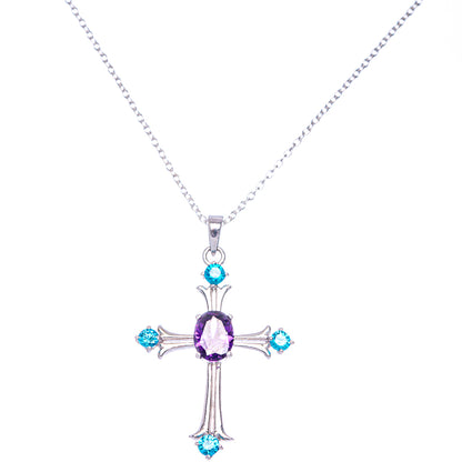 Faceted Amethyst, Blue Topaz Cross Necklace 18" (925 Sterling Silver) N90071