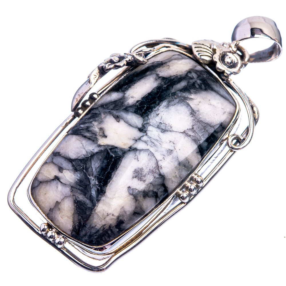 Sterling silver pinolith jasper pendant, rectangular marbled black-and-white stone bail