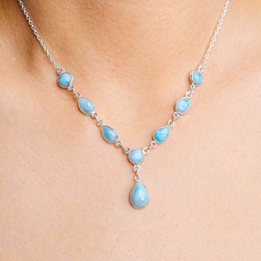 Sterling silver necklace with oval and teardrop blue larimar stones, .925 chain