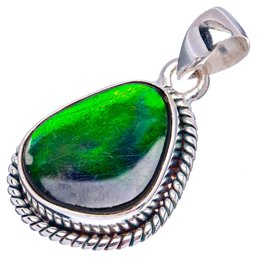 Oval ammolite pendant in 925 sterling silver, green iridescent stone with bail