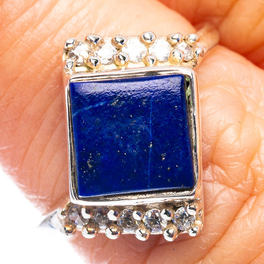 Lapis lazuli ring with square cabochon stone and beaded sterling silver setting