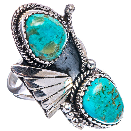 Native Style Mohave turquoise ring, large oval top stone and round side stone with braided trim
