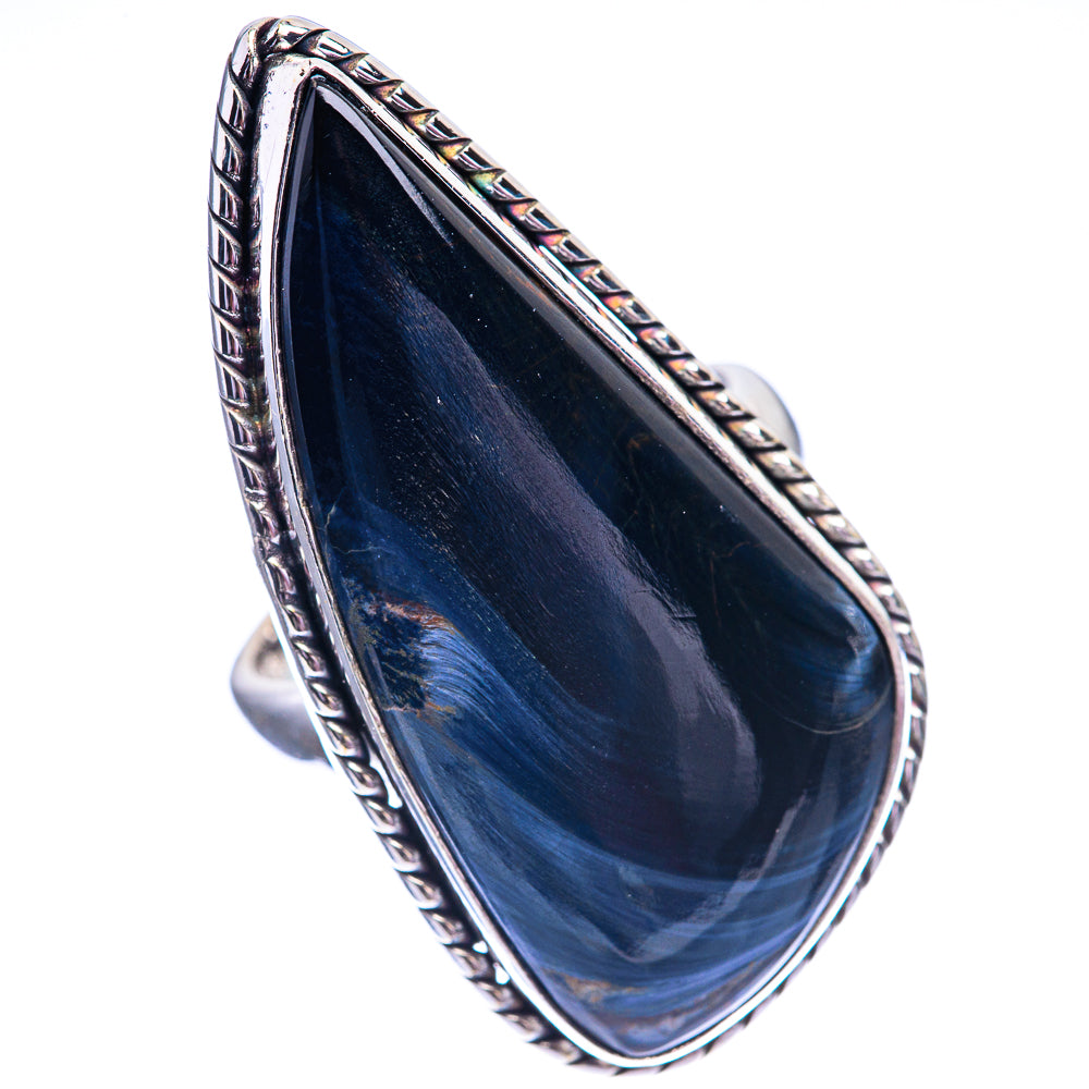 Sterling silver pietersite teardrop ring, dark blue stone with braided bezel