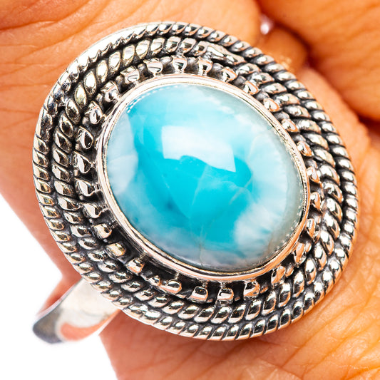 Larimar ring (size 12) in .925 sterling silver, oval blue stone with rope bezel