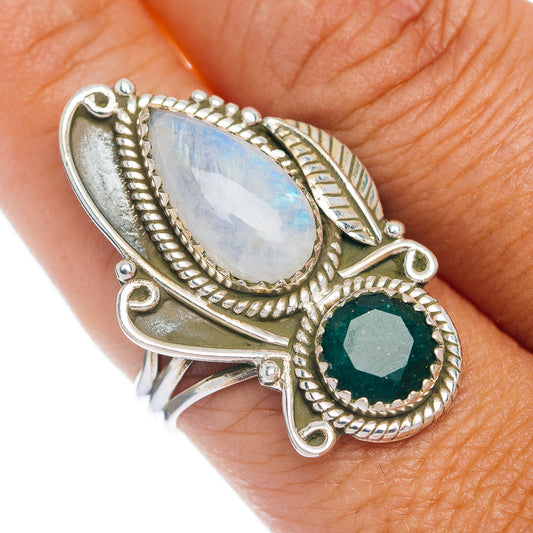 Premium Rainbow Moonstone, Emerald Ring Size 10 (.925 Sterling Silver)