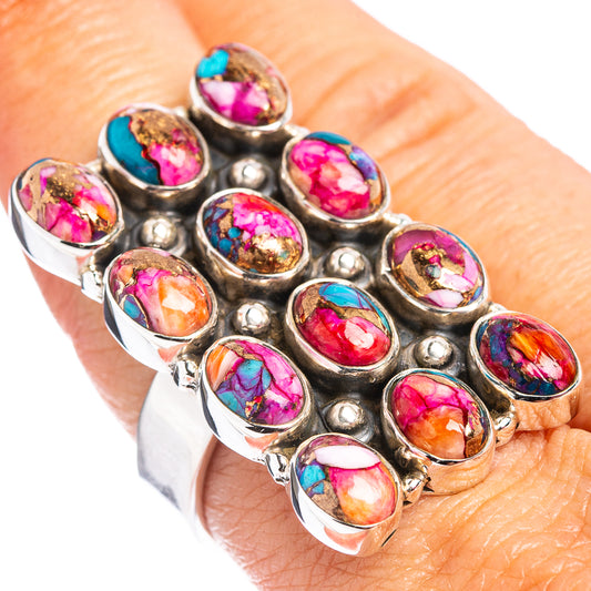 Adjustable .925 sterling silver ring with oval pink, blue, and turquoise cabochons