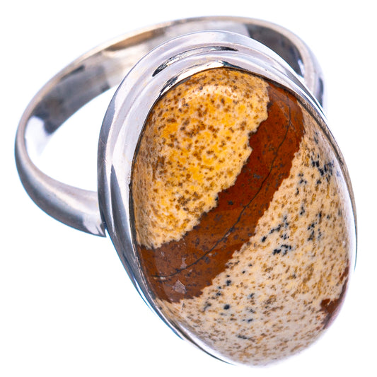 Picture jasper oval cabochon sterling silver ring, open side profile, size 8.5