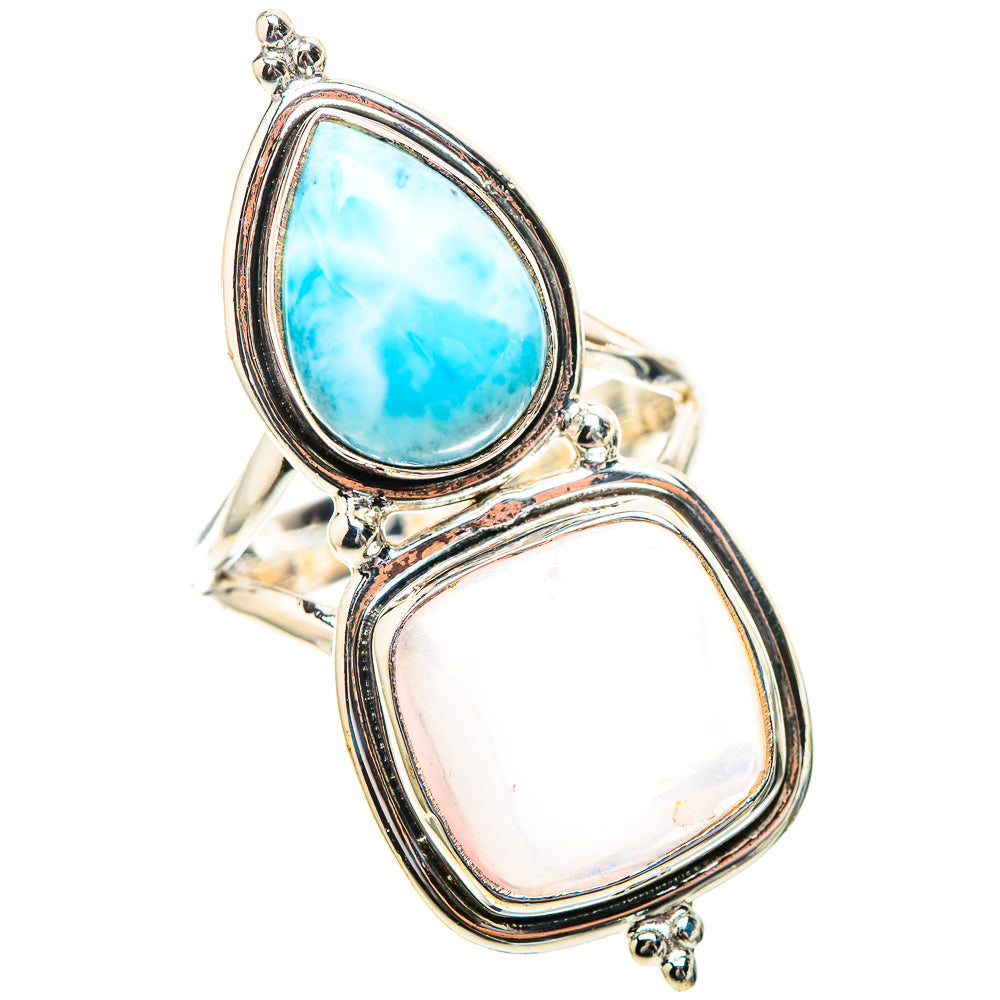 Oval blue larimar and pale rose quartz stones on a 925 sterling silver ring