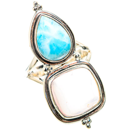 Oval blue larimar and pale rose quartz stones on a 925 sterling silver ring