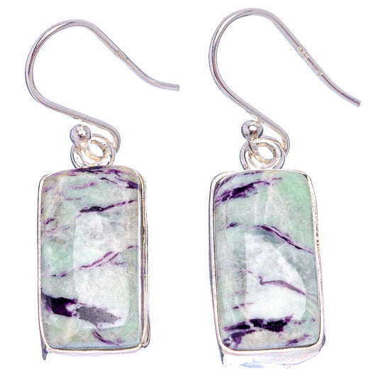 925 sterling silver rectangle gemstone drop earrings, purple and mint green veining, hooks