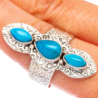 925 sterling silver ring with three oval turquoise stones in ornate filigree setting