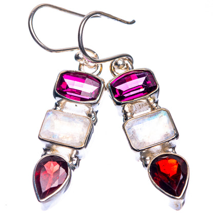 Rainbow Moonstone, Garnet Earrings 1 5/8" (925 Sterling Silver) E432740