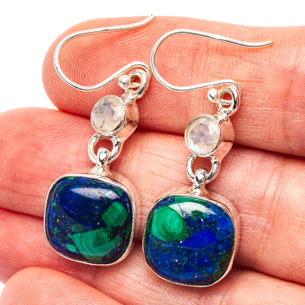 Premium Azurite In Malachite, Rainbow Moonstone Earrings 1 5/8" (.925 Sterling Silver)