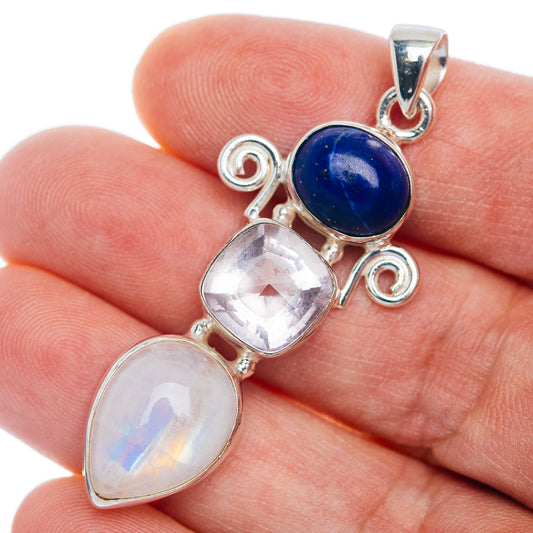 Premium Rainbow Moonstone, White Quartz, Lapis Lazuli Pendant 2 1/8" (.925 Sterling Silver)