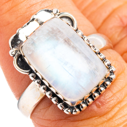 Sterling silver moonstone ring with large rectangular opalescent stone and beaded setting