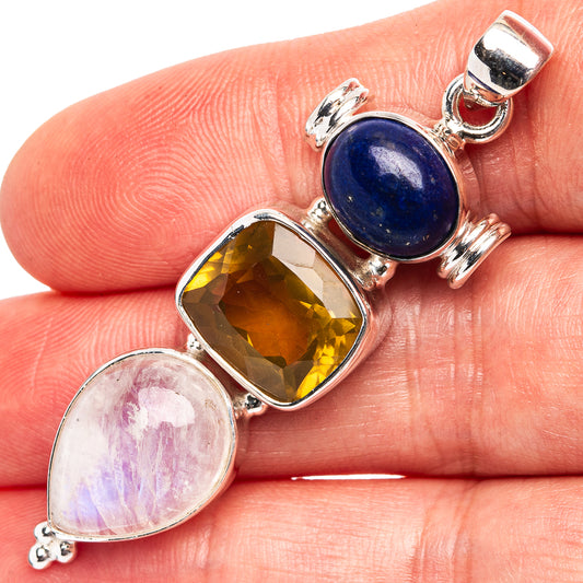 .925 sterling silver gemstone pendant with lapis blue, smoky amber, and pink stones