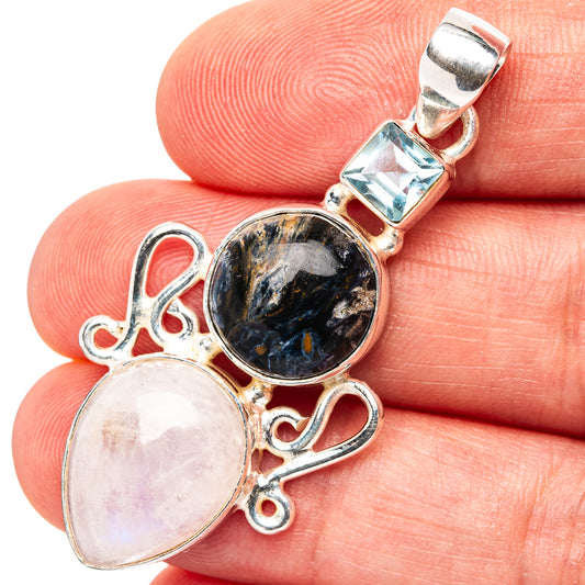 Sterling silver gemstone pendant with oval moonstone, round pietersite, square blue topaz