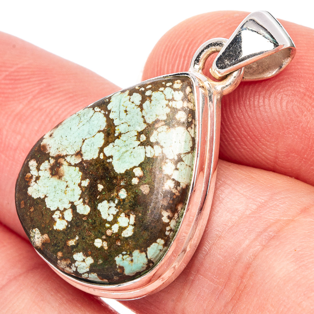 Teardrop turquoise spider web pendant in 925 sterling silver with bail