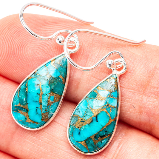 Blue turquoise teardrop earrings with copper matrix, .925 sterling silver wire hooks