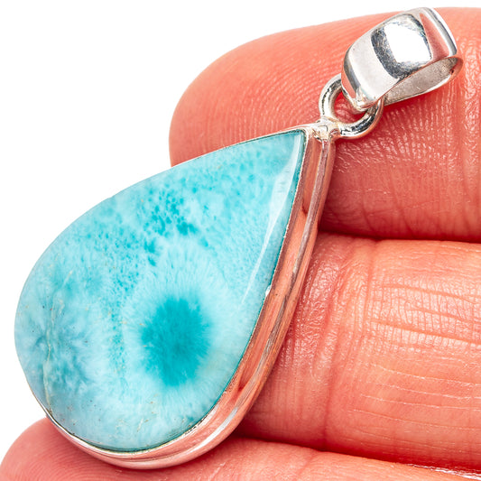 Sterling silver teardrop larimar pendant, close-up of stone and bail