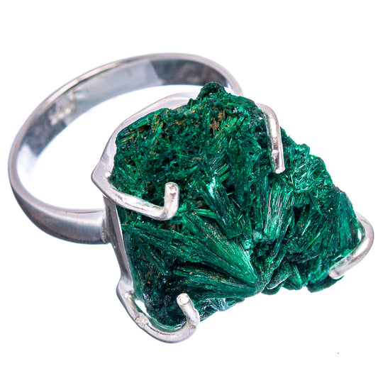 Rough green malachite ring with curved open prongs on sterling silver band