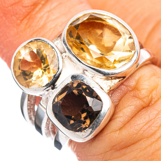 Sterling silver ring with oval citrine and smoky quartz gemstones, size 5.5