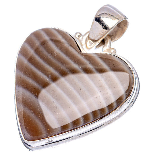 Heart-shaped sterling silver flint pendant with striped brown-gray stone bezel, full view