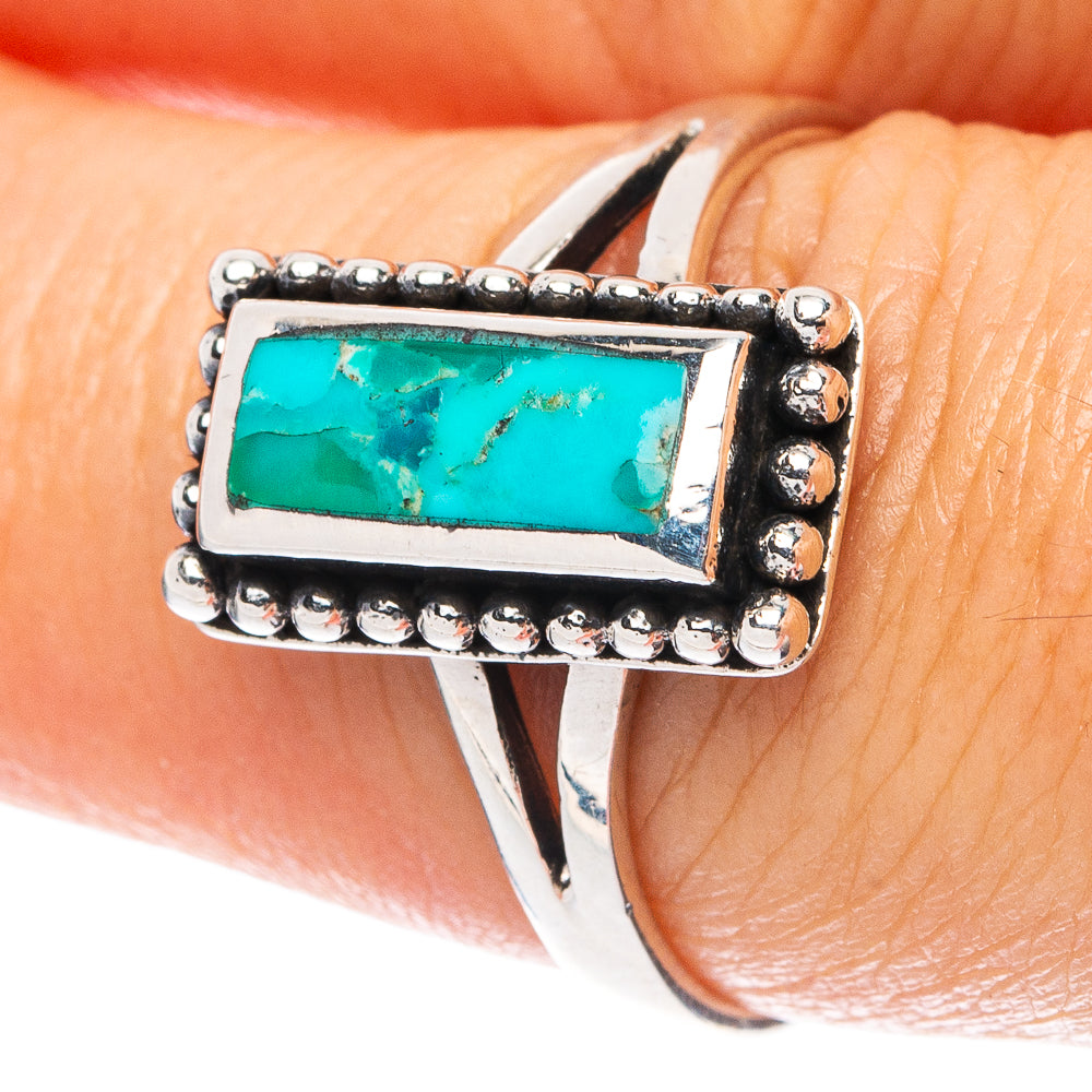 Turquoise rectangle gemstone ring in silver with beaded edge detail
