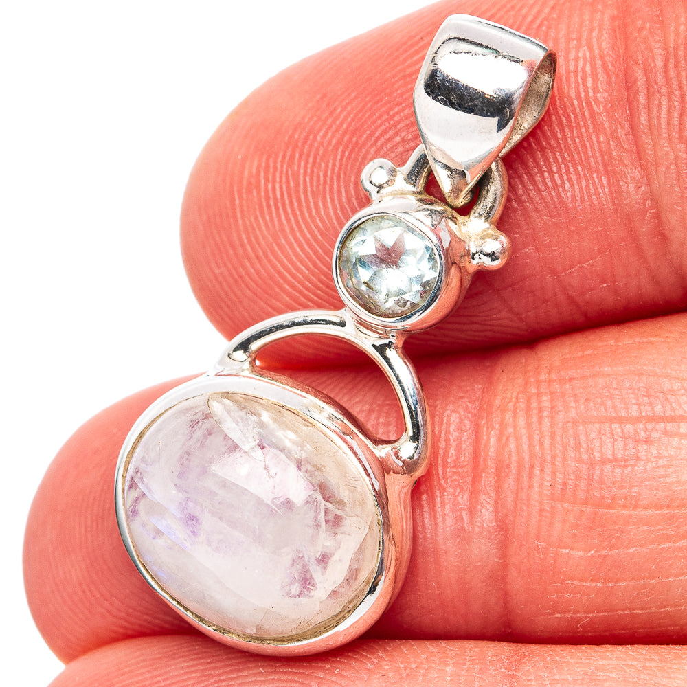 Rainbow Moonstone, Blue Topaz Pendant 1 1/8" (.925 Sterling Silver)