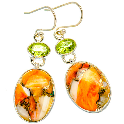 Orange Copper Composite Turquoise, Peridot Earrings 1 3/4" (925 Sterling Silver) EARR432039