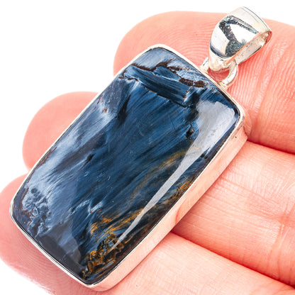 Blue pietersite rectangular pendant in 925 sterling silver bezel, silver bail