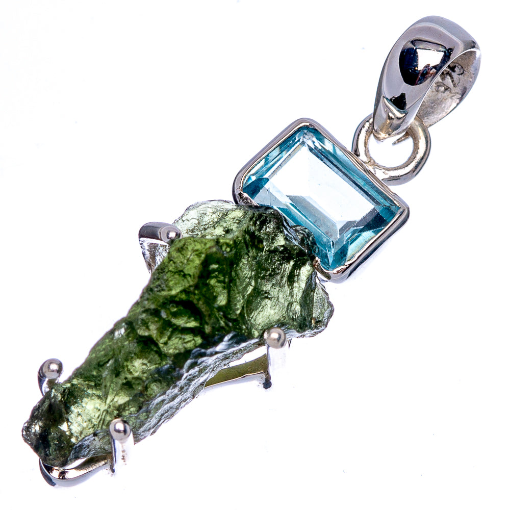 Rare Czech Moldavite, Blue Topaz Pendant 1 3/8" (925 Sterling Silver) P40461