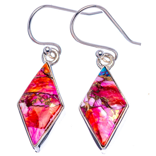 Triangular dangle earrings with multicolor pink and blue stone in .925 silver frames