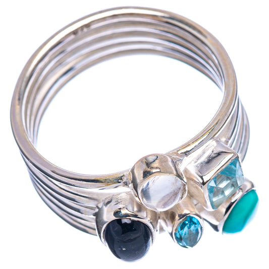 Sterling silver multi-stone ring with turquoise round gem, blue stones, and black onyx accent