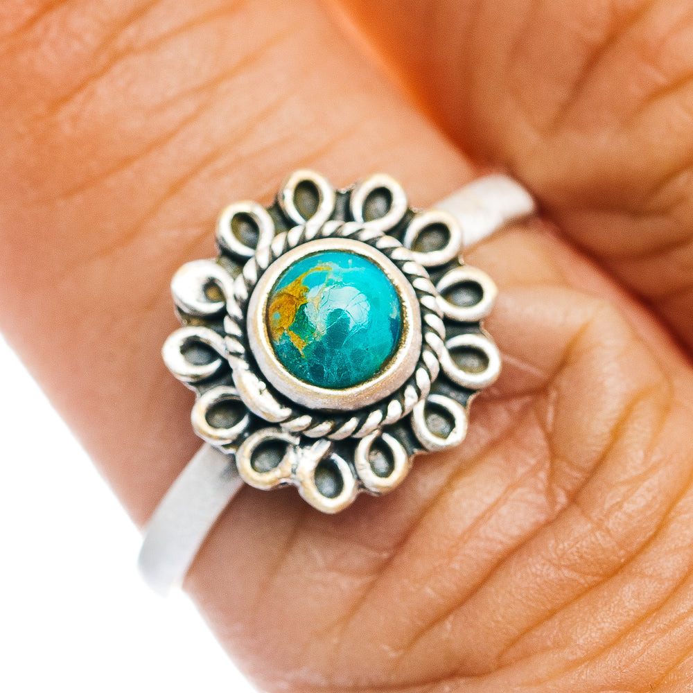 Turquoise cabochon ring in .925 sterling silver with ornate silver bezel